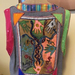 Vintage Wearable Art Beaded Bright Multicolored Mixed Print Button Vest~M